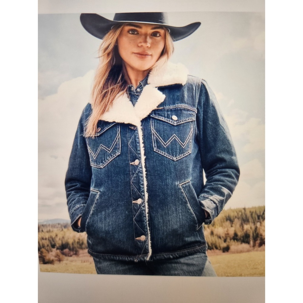 NWT Wrangler Women's LS Blue Denim Sherpa Collar/Lining Button-Front Jacket, +3X